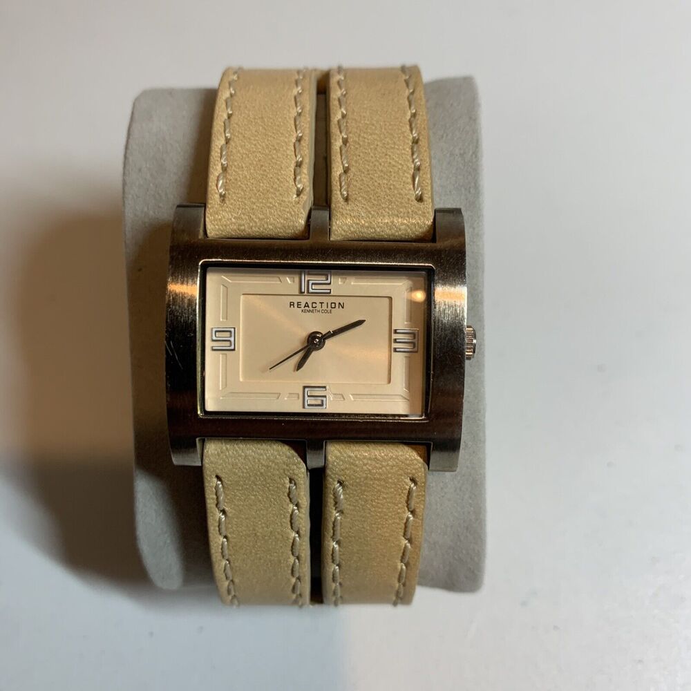 Kenneth Cole Reaction Watch Women Silver Rectangle Tan/Beige Dial Leather Band